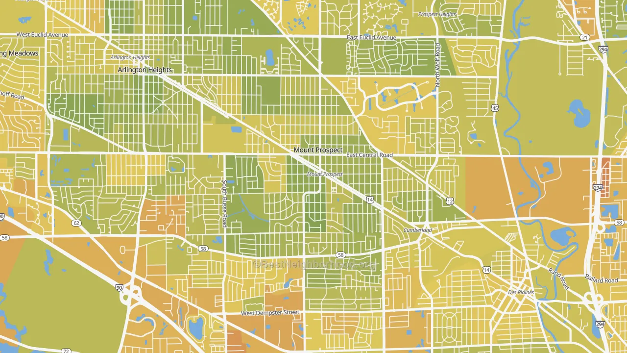 Map of the best neighborhoods in the Mount Prospect area, with better matches in green and worse matches in red