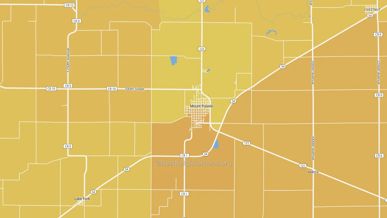 Map of the best neighborhoods in the Mount Pulaski area, with better matches in green and worse matches in red