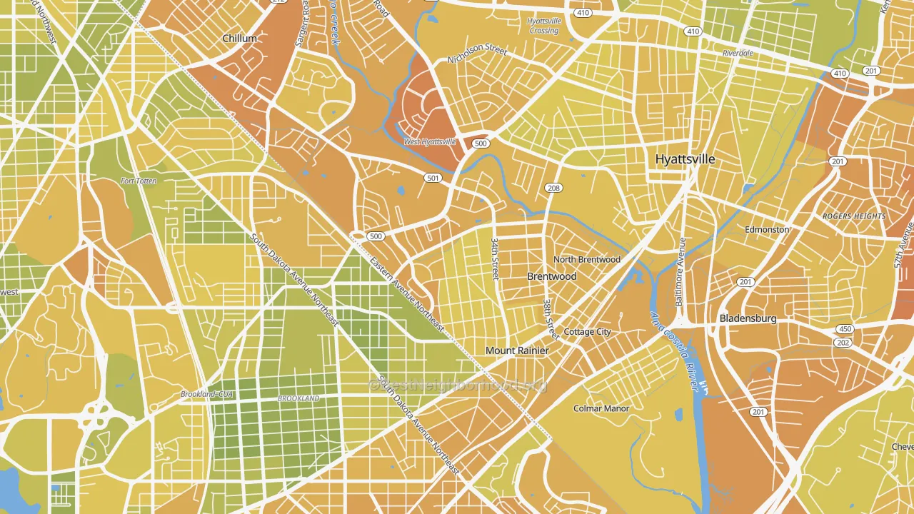 Map of the best neighborhoods in the Mount Rainier area, with better matches in green and worse matches in red