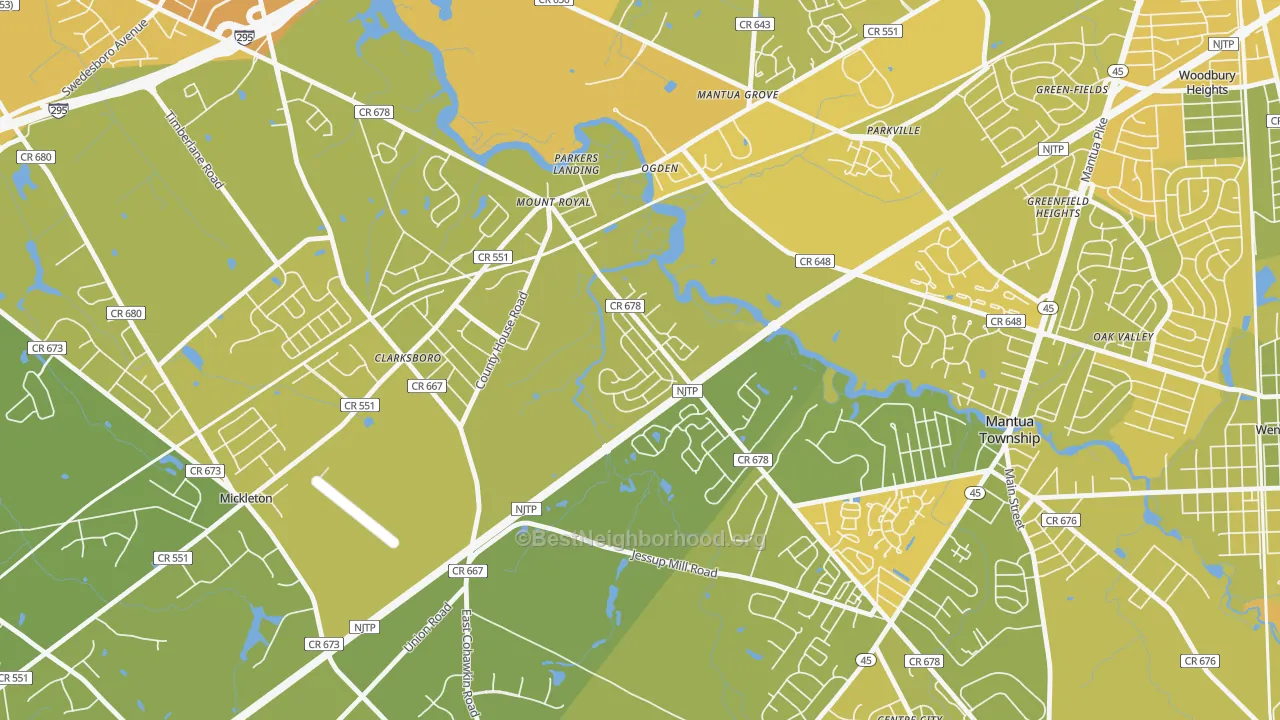 Map of the best neighborhoods in the Mount Royal area, with better matches in green and worse matches in red