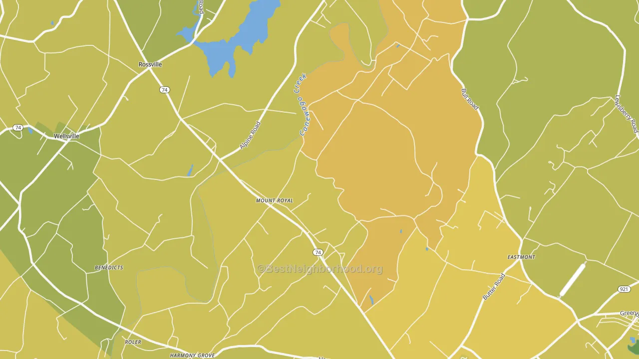 Map of the best neighborhoods in the Mount Royal area, with better matches in green and worse matches in red