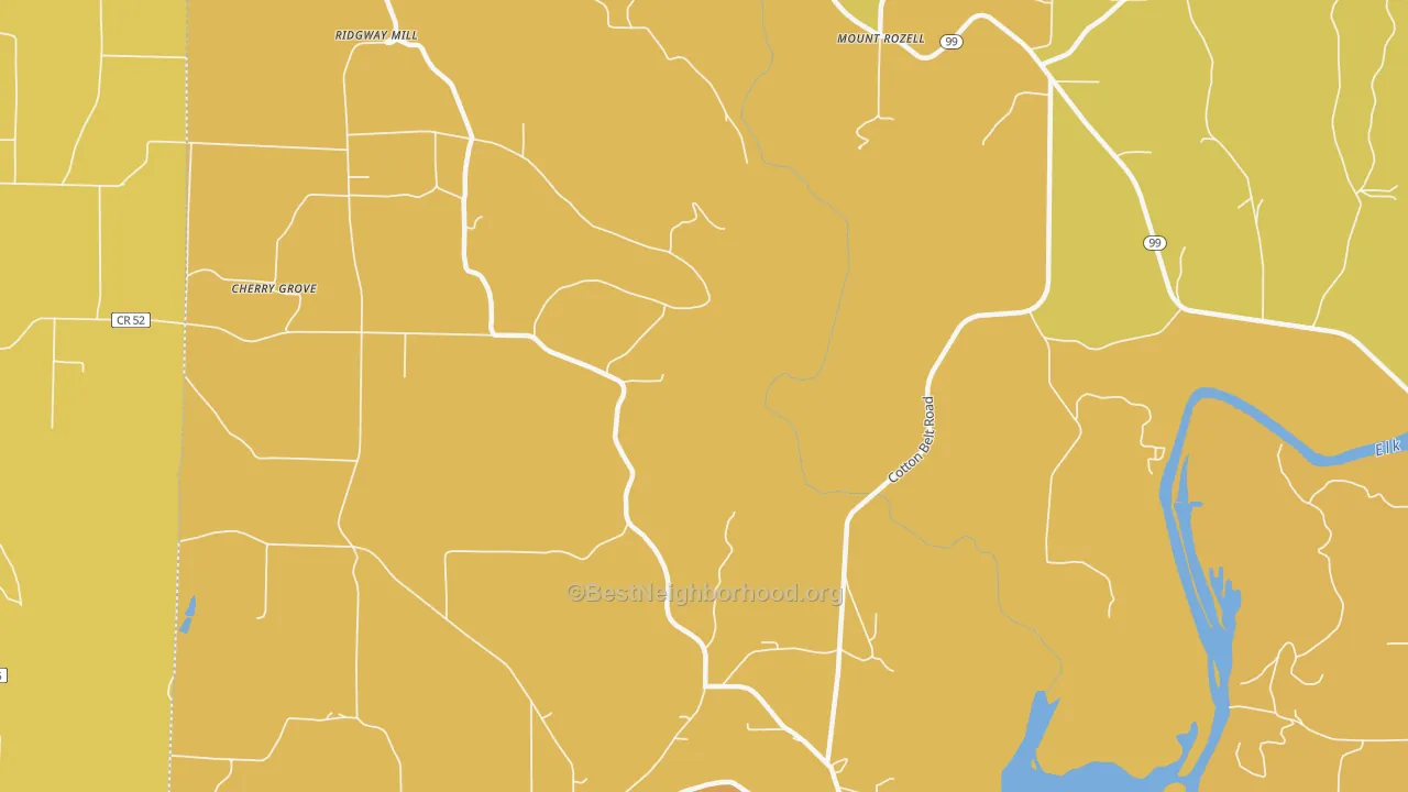 Map of the best neighborhoods in the Mount Rozell area, with better matches in green and worse matches in red