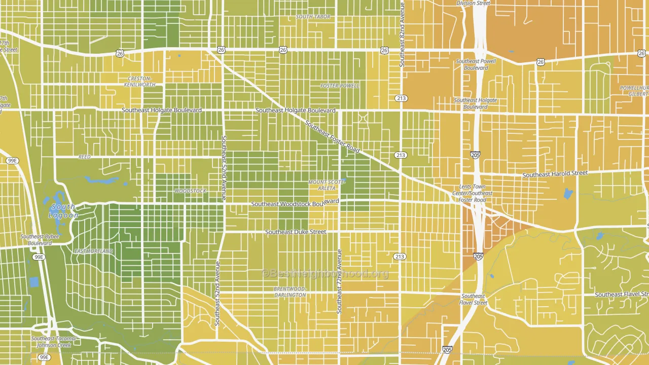 Map of the best neighborhoods in the Mount Scott, Portland area, with better matches in green and worse matches in red