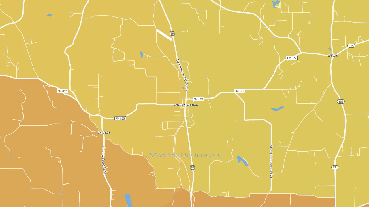 Map of the best neighborhoods in the Mount Selman area, with better matches in green and worse matches in red