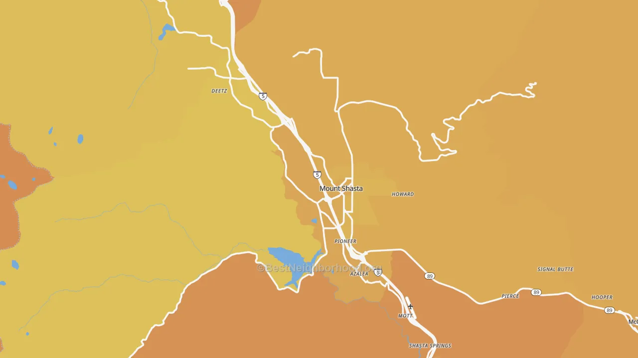 Map of the best neighborhoods in the Mount Shasta area, with better matches in green and worse matches in red
