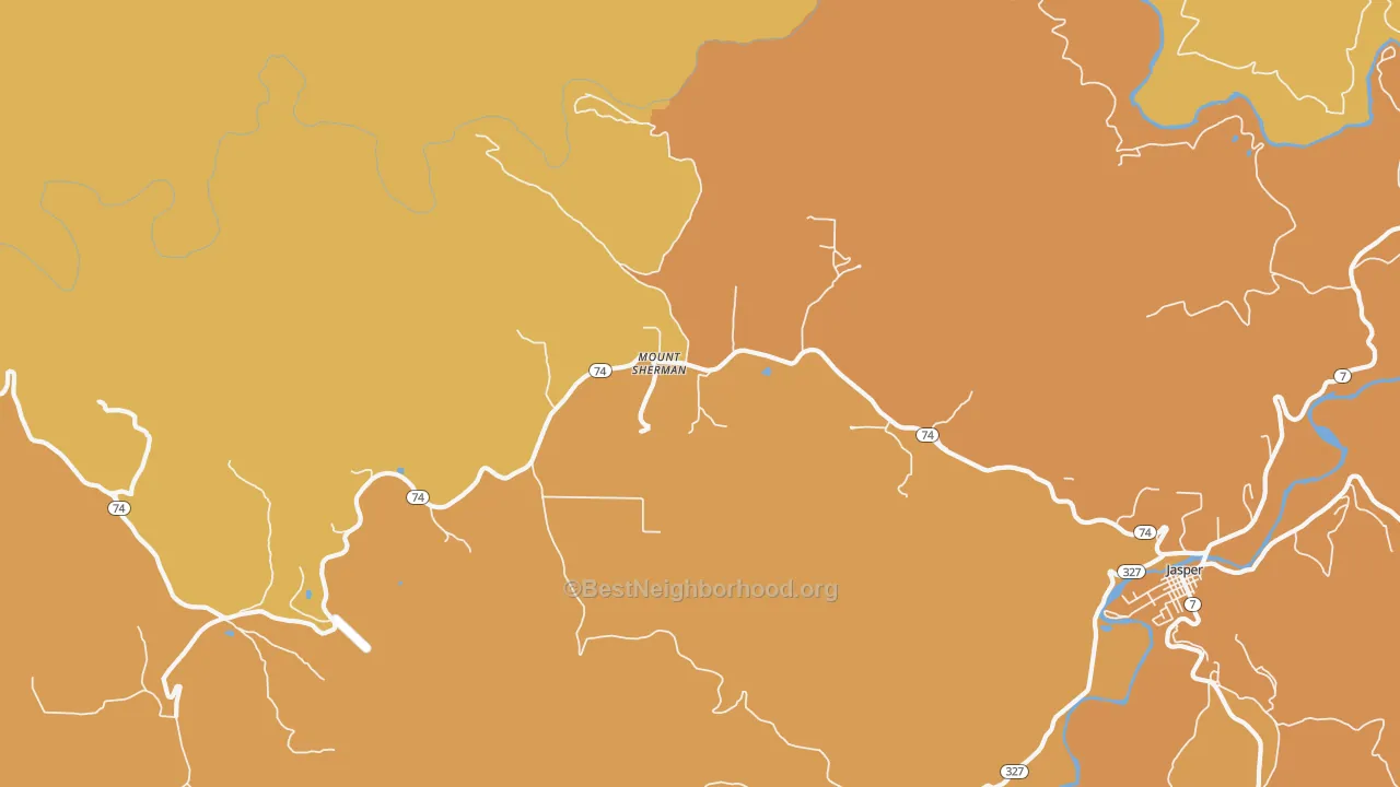 Map of the best neighborhoods in the Mount Sherman area, with better matches in green and worse matches in red