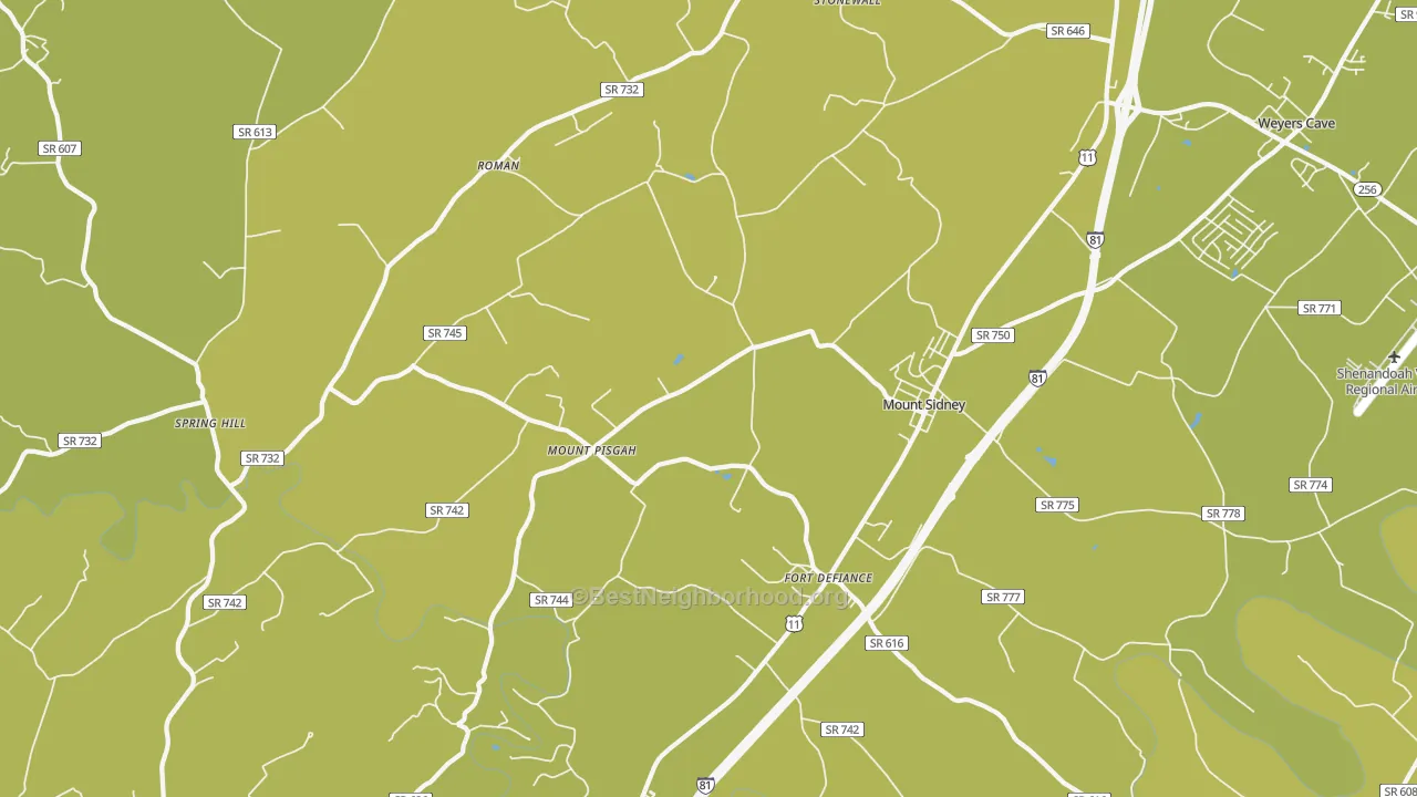 Map of the best neighborhoods in the Mount Sidney area, with better matches in green and worse matches in red