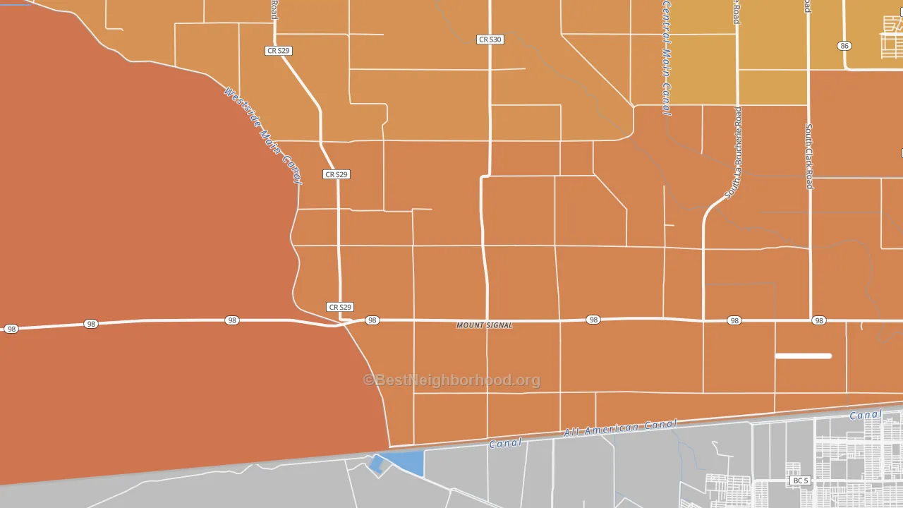 Map of the best neighborhoods in the Mount Signal area, with better matches in green and worse matches in red