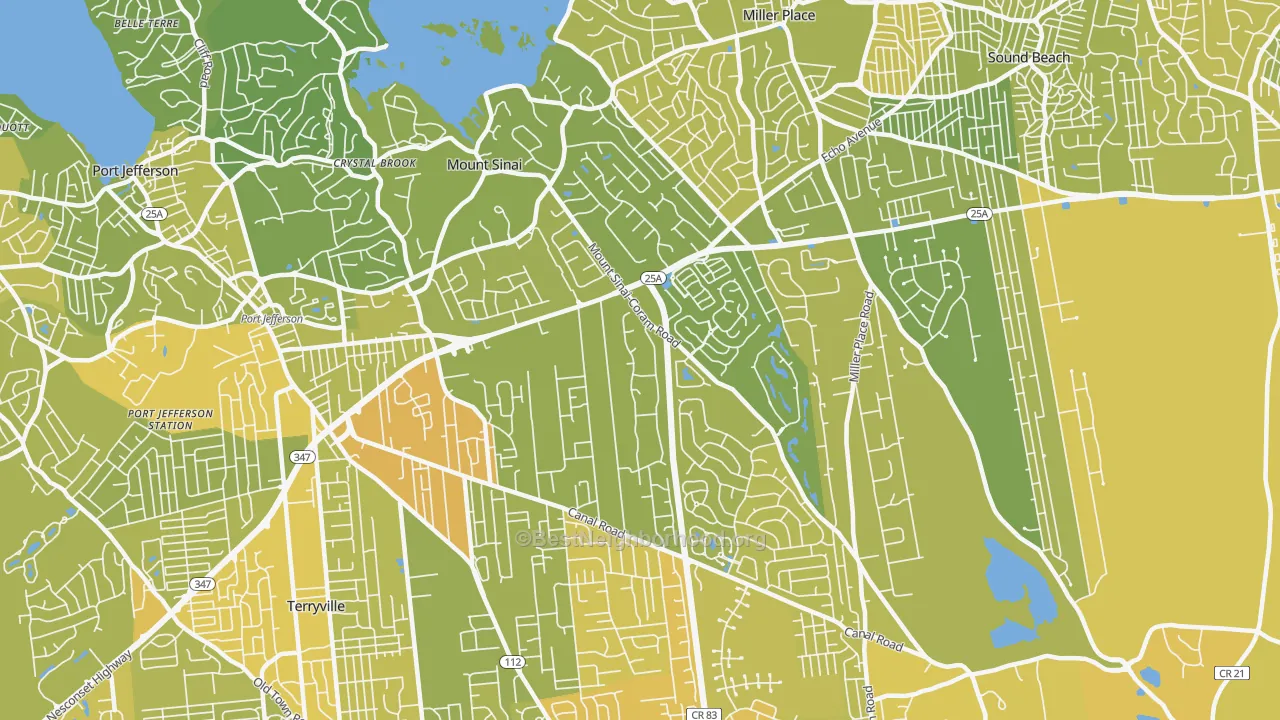 Map of the best neighborhoods in the Mount Sinai area, with better matches in green and worse matches in red