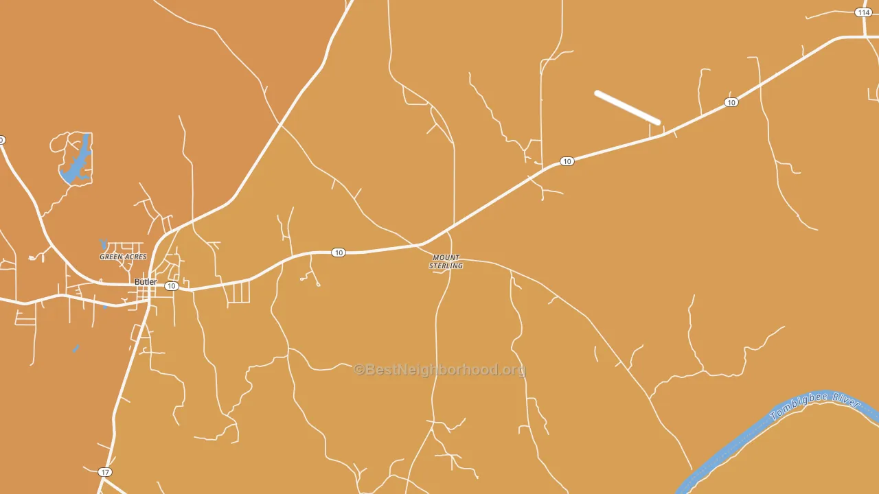 Map of the best neighborhoods in the Mount Sterling area, with better matches in green and worse matches in red