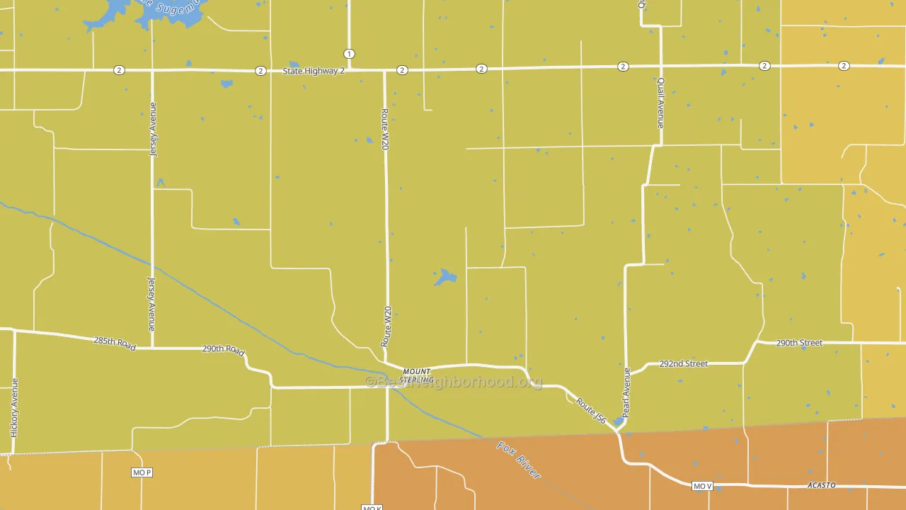 Map of the best neighborhoods in the Mount Sterling area, with better matches in green and worse matches in red