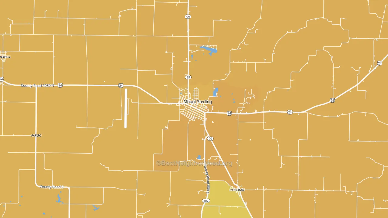 Map of the best neighborhoods in the Mount Sterling area, with better matches in green and worse matches in red