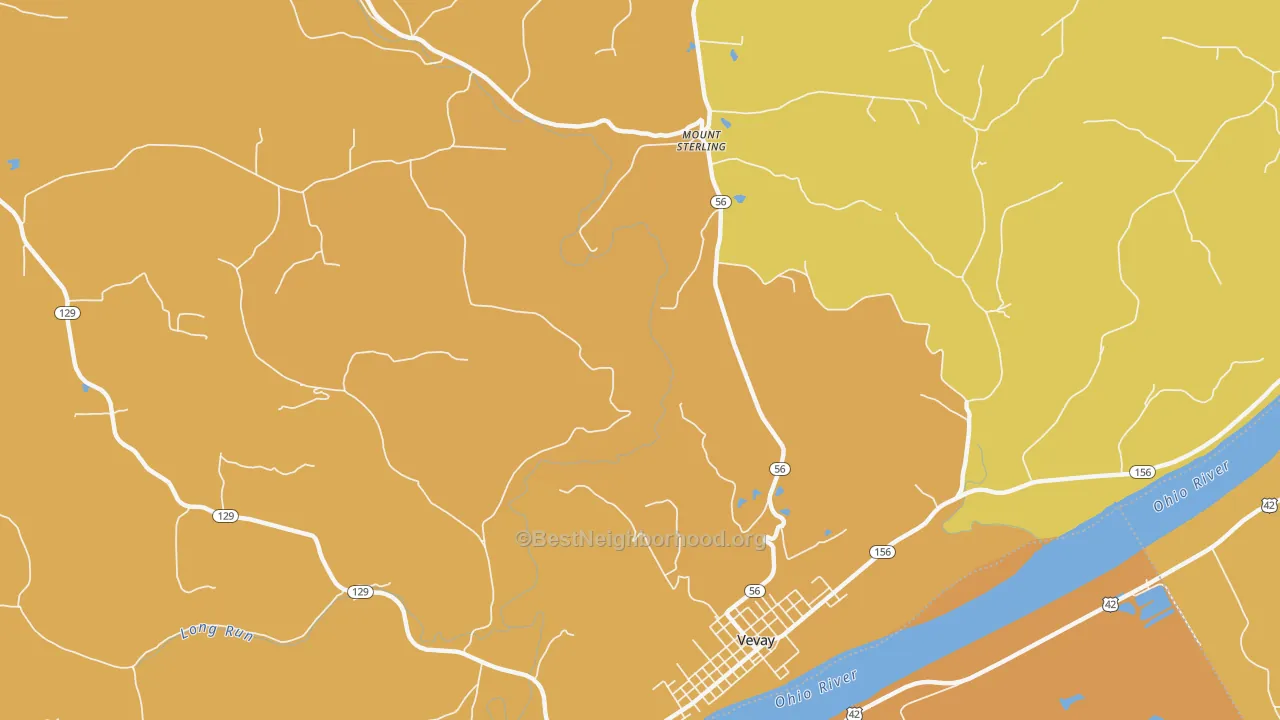 Map of the best neighborhoods in the Mount Sterling area, with better matches in green and worse matches in red