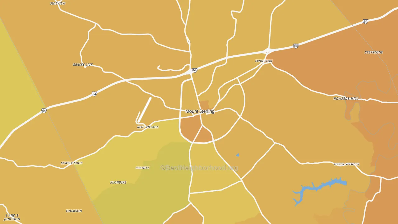 Map of the best neighborhoods in the Mount Sterling area, with better matches in green and worse matches in red