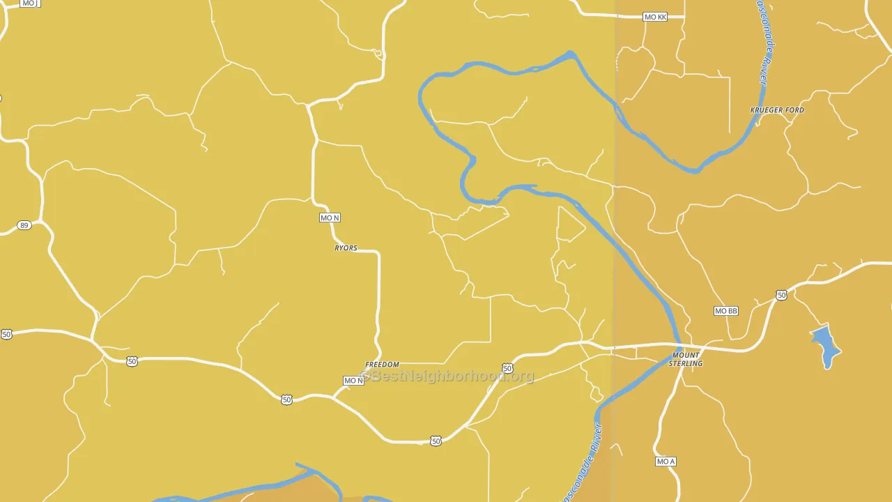 Map of the best neighborhoods in the Mount Sterling area, with better matches in green and worse matches in red