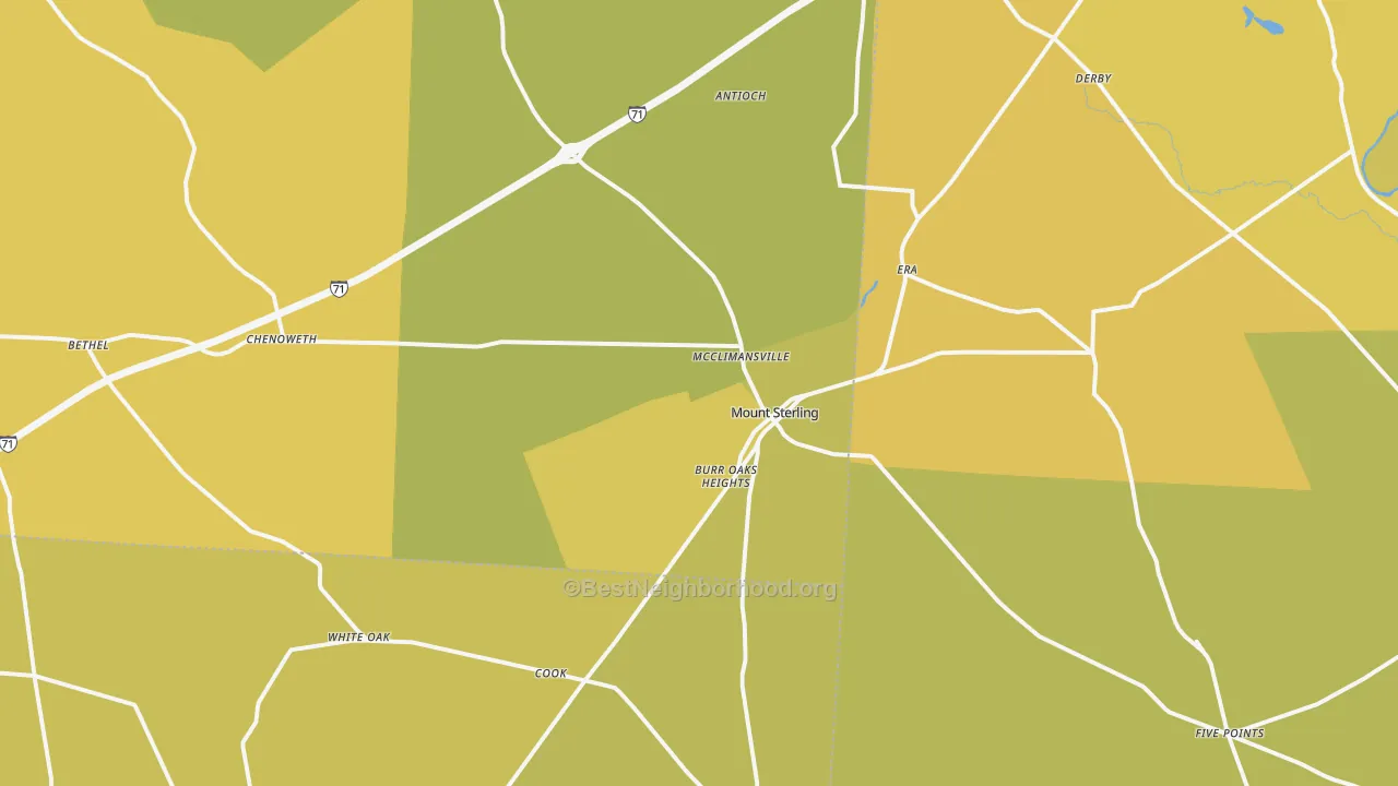 Map of the best neighborhoods in the Mount Sterling area, with better matches in green and worse matches in red