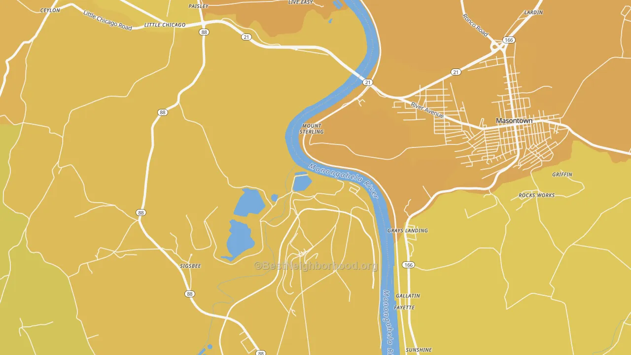 Map of the best neighborhoods in the Mount Sterling area, with better matches in green and worse matches in red