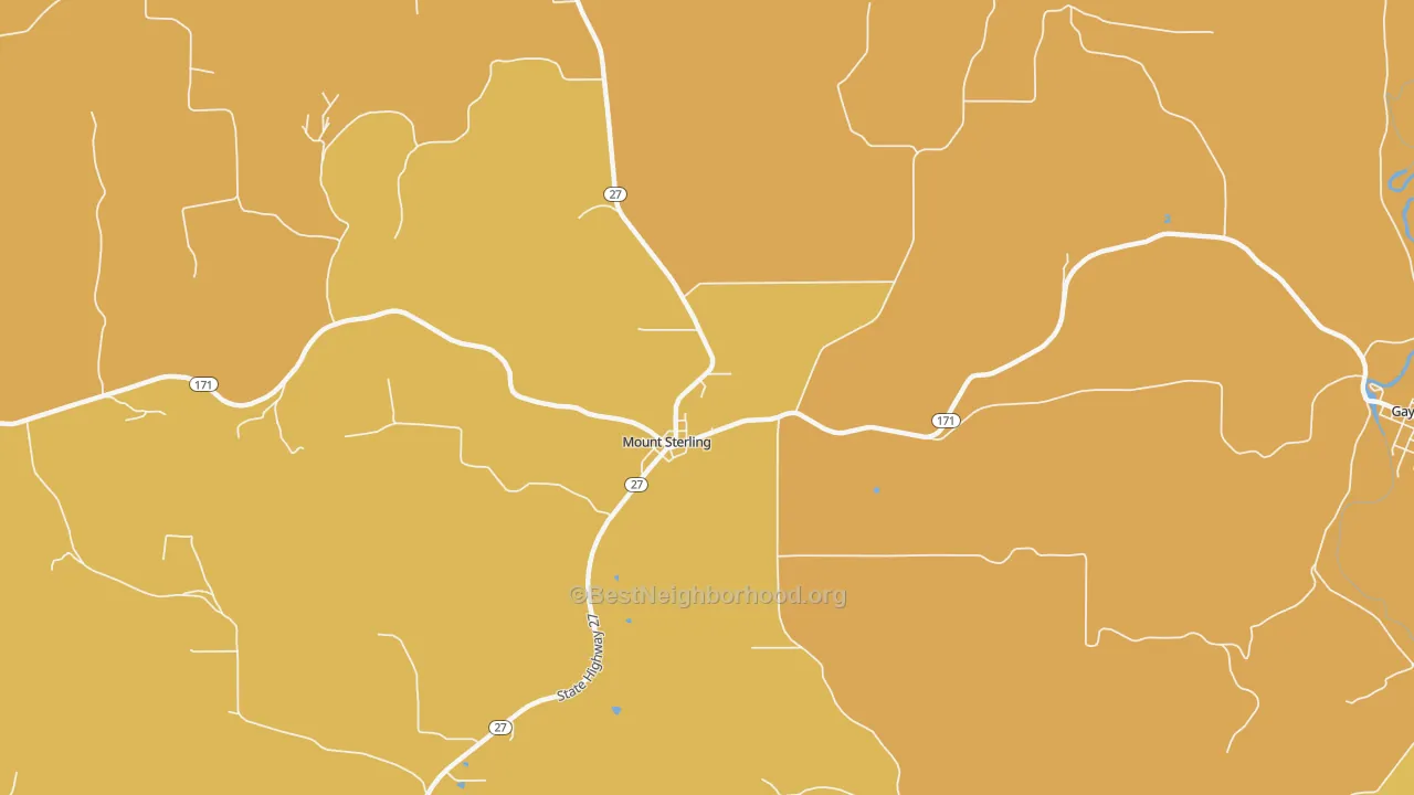 Map of the best neighborhoods in the Mount Sterling area, with better matches in green and worse matches in red