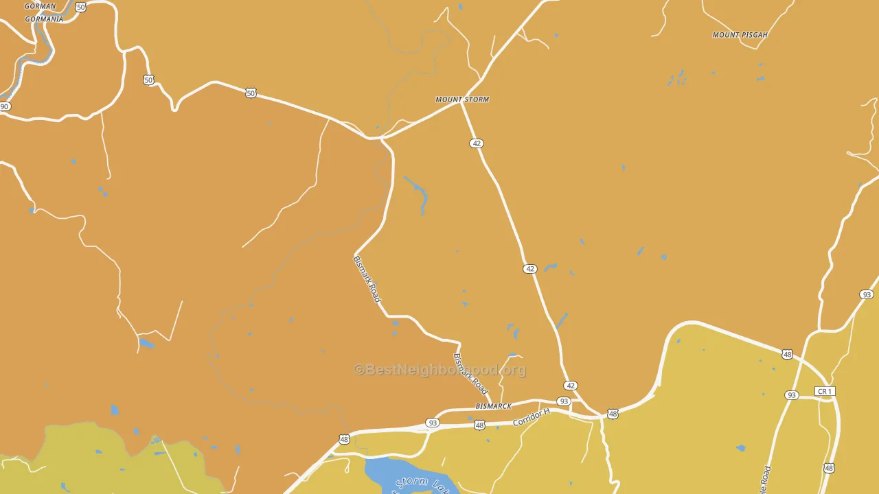 Map of the best neighborhoods in the Mount Storm area, with better matches in green and worse matches in red