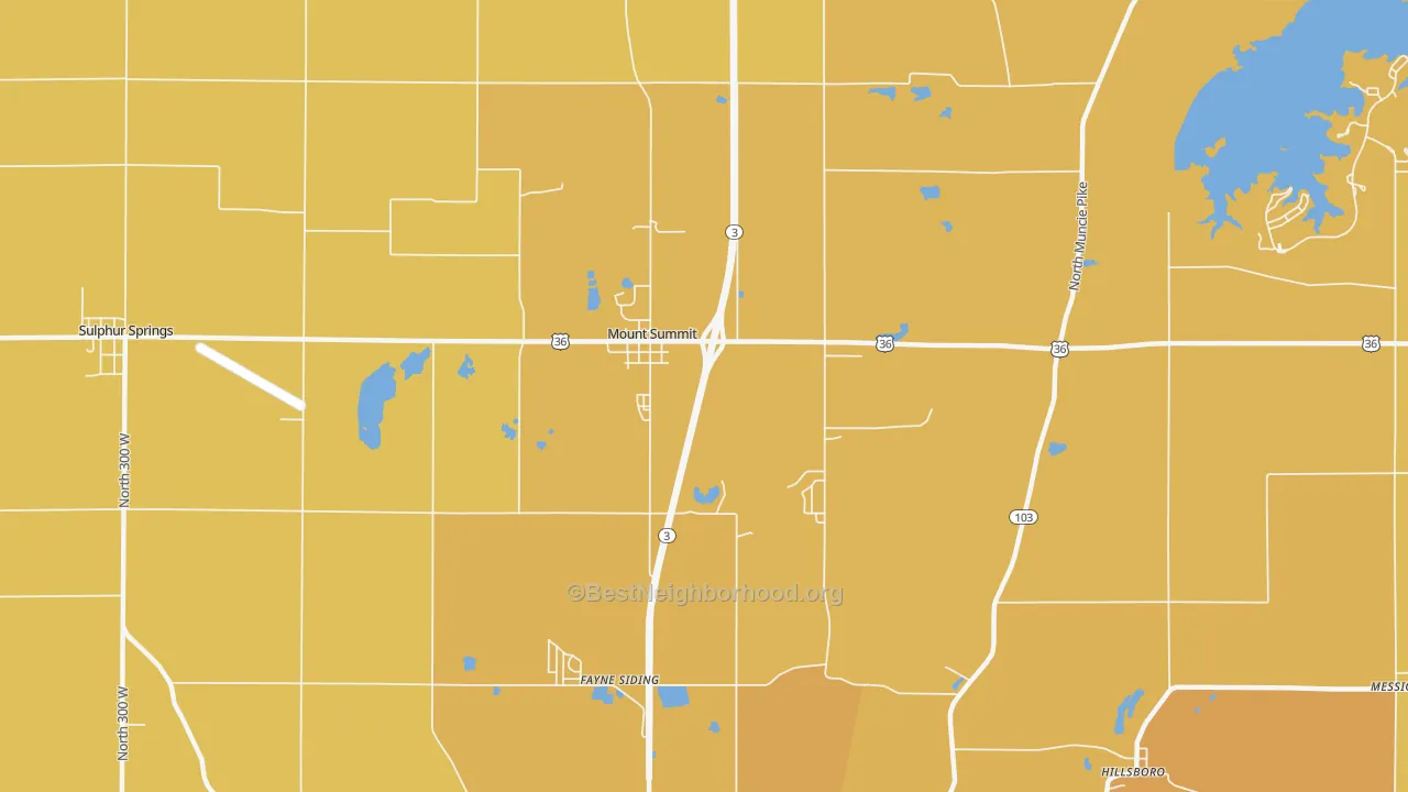 Map of the best neighborhoods in the Mount Summit area, with better matches in green and worse matches in red