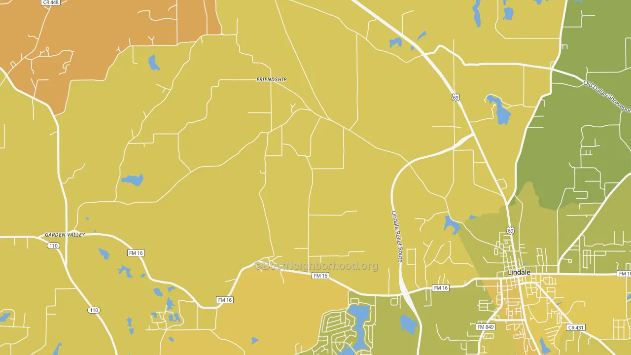 Map of the best neighborhoods in the Mount Sylvan area, with better matches in green and worse matches in red