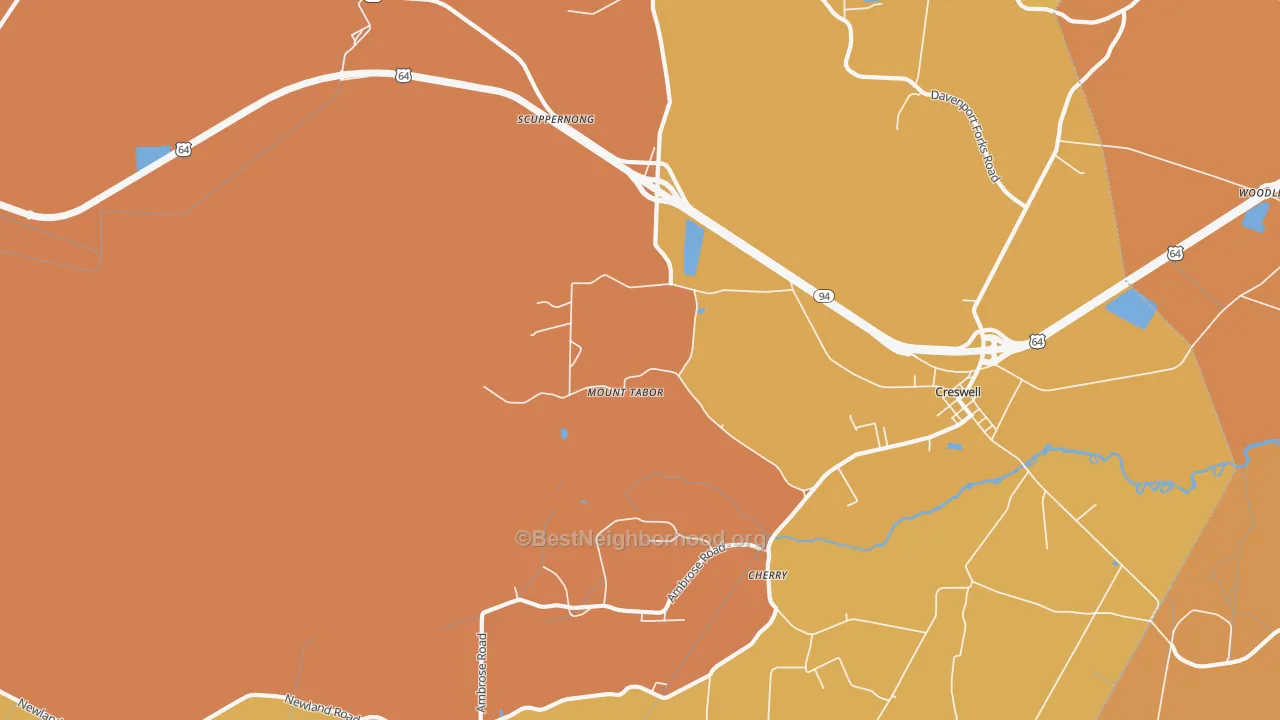 Map of the best neighborhoods in the Mount Tabor area, with better matches in green and worse matches in red