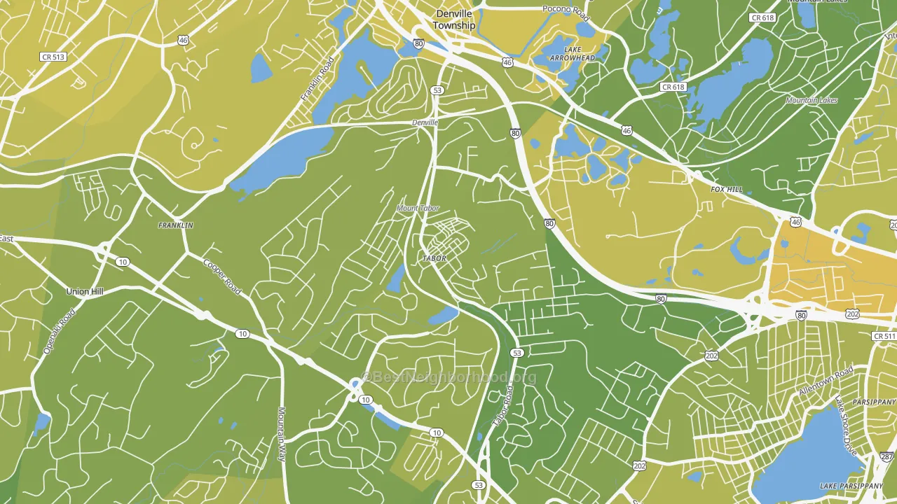 Map of the best neighborhoods in the Mount Tabor area, with better matches in green and worse matches in red
