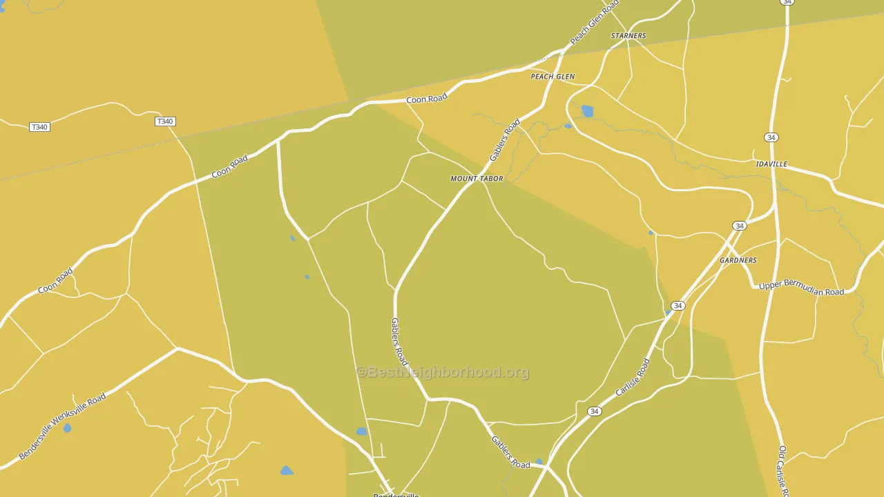 Map of the best neighborhoods in the Mount Tabor area, with better matches in green and worse matches in red