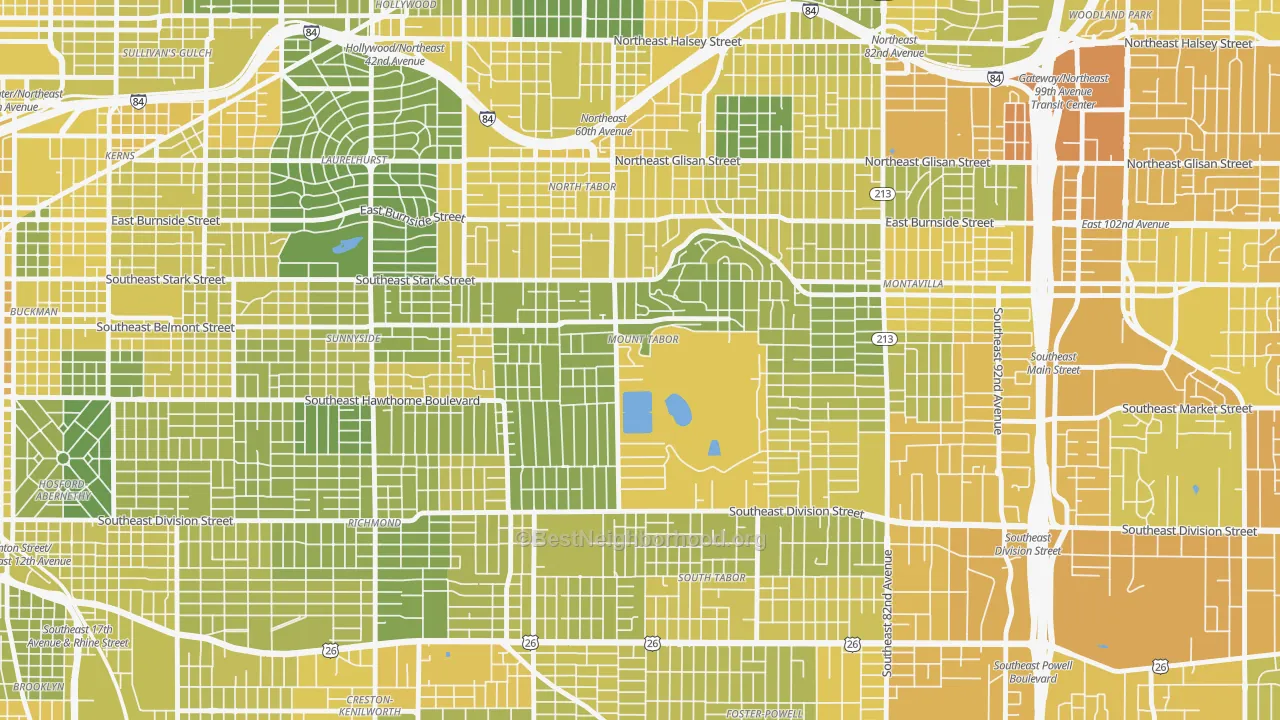 Map of the best neighborhoods in the Mount Tabor, Portland area, with better matches in green and worse matches in red