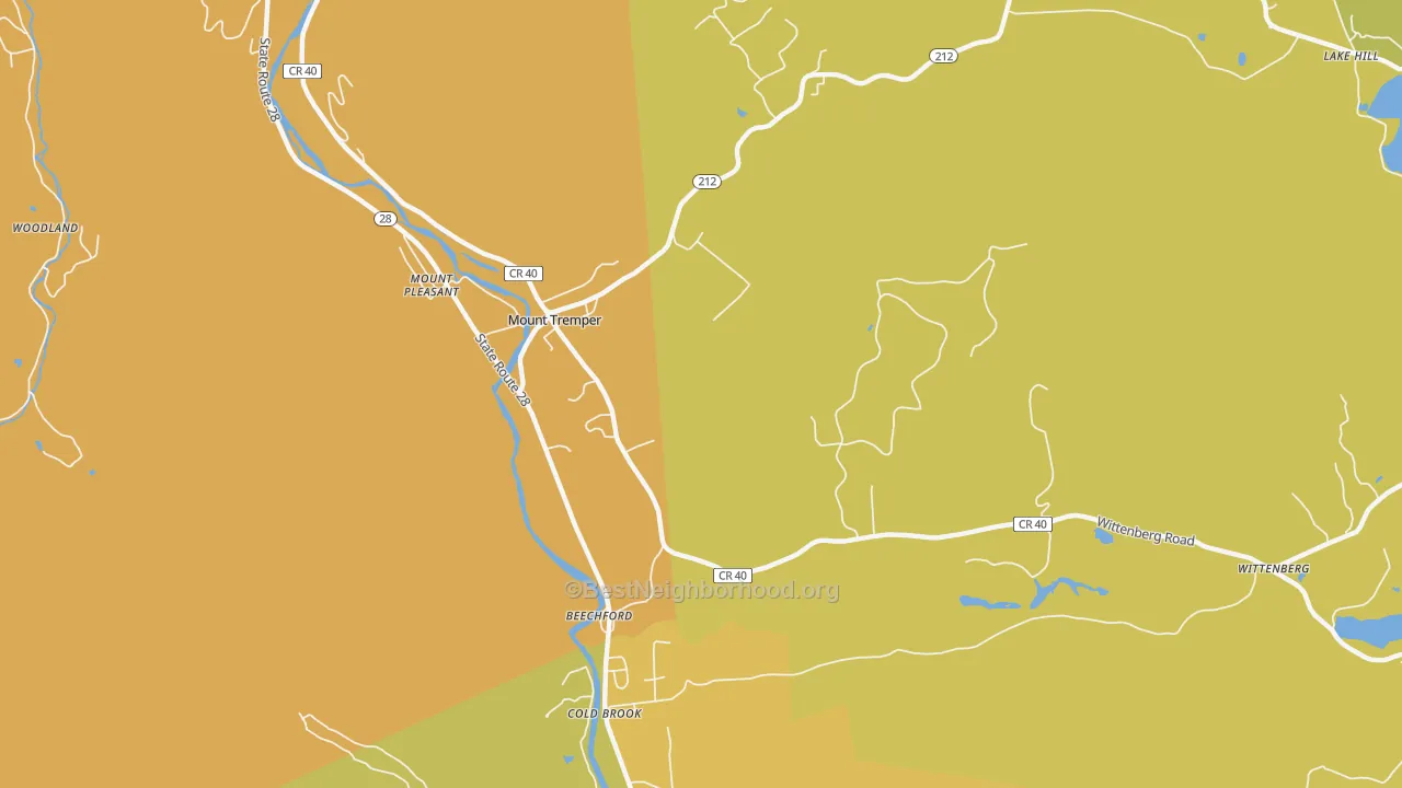 Map of the best neighborhoods in the Mount Tremper area, with better matches in green and worse matches in red