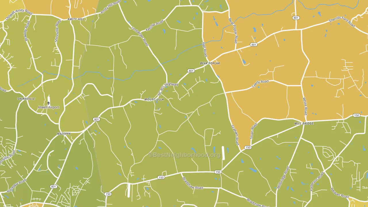 Map of the best neighborhoods in the Mount Ulla area, with better matches in green and worse matches in red