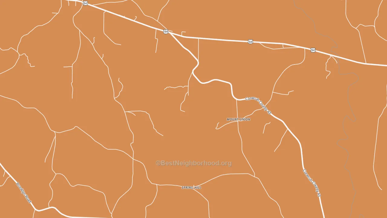 Map of the best neighborhoods in the Mount Union area, with better matches in green and worse matches in red