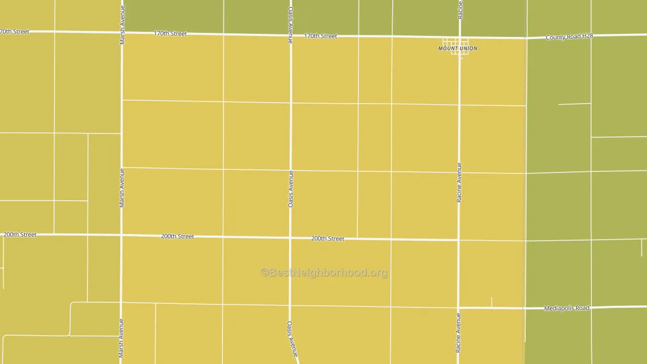 Map of the best neighborhoods in the Mount Union area, with better matches in green and worse matches in red