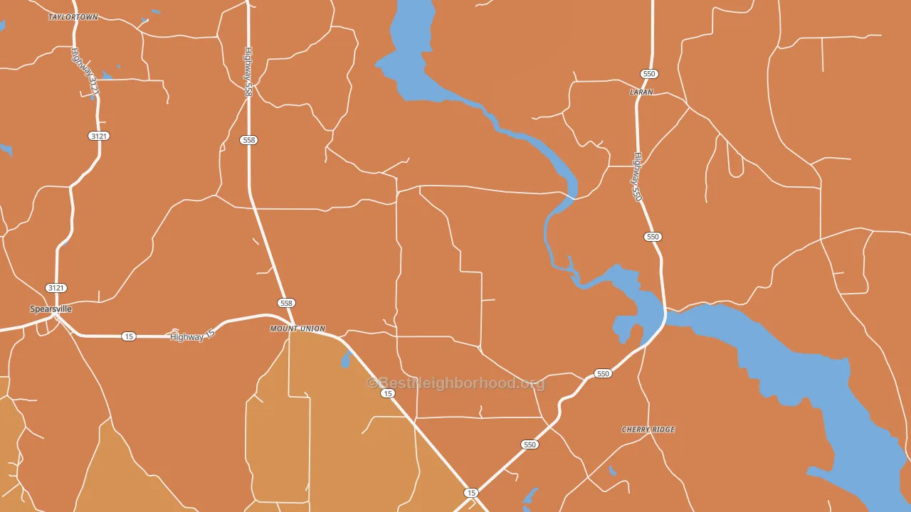 Map of the best neighborhoods in the Mount Union area, with better matches in green and worse matches in red