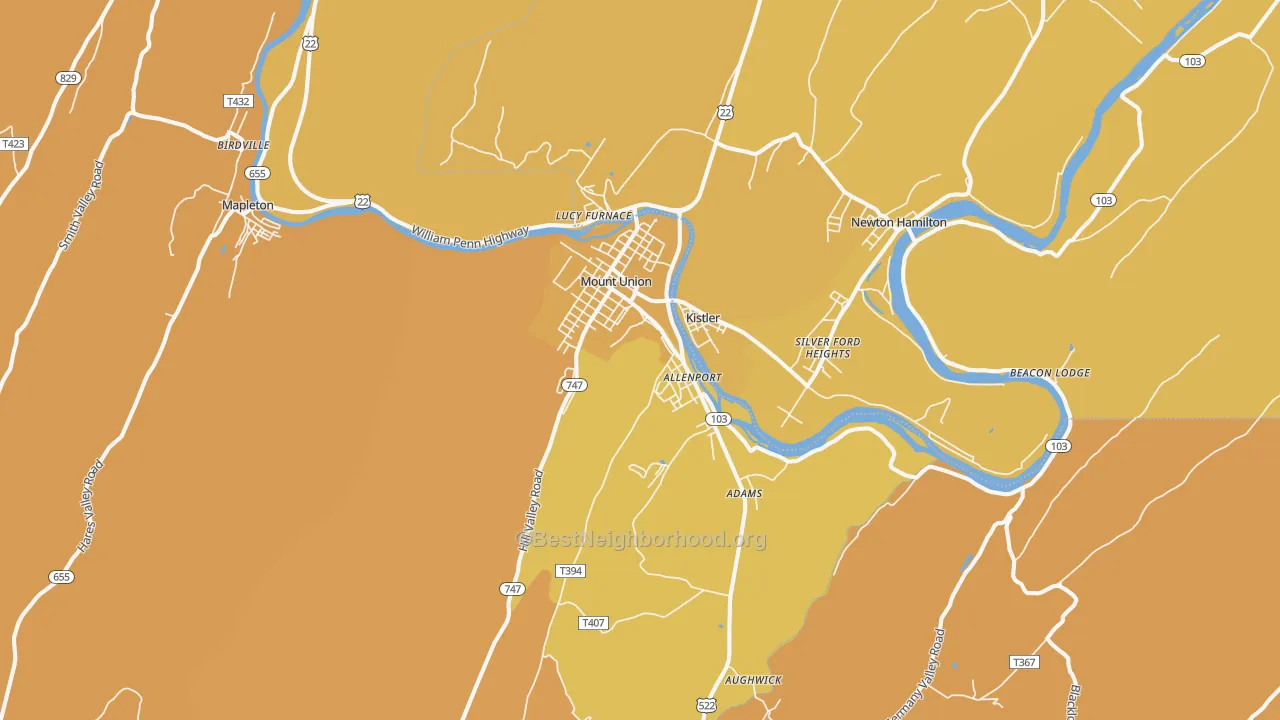 Map of the best neighborhoods in the Mount Union area, with better matches in green and worse matches in red