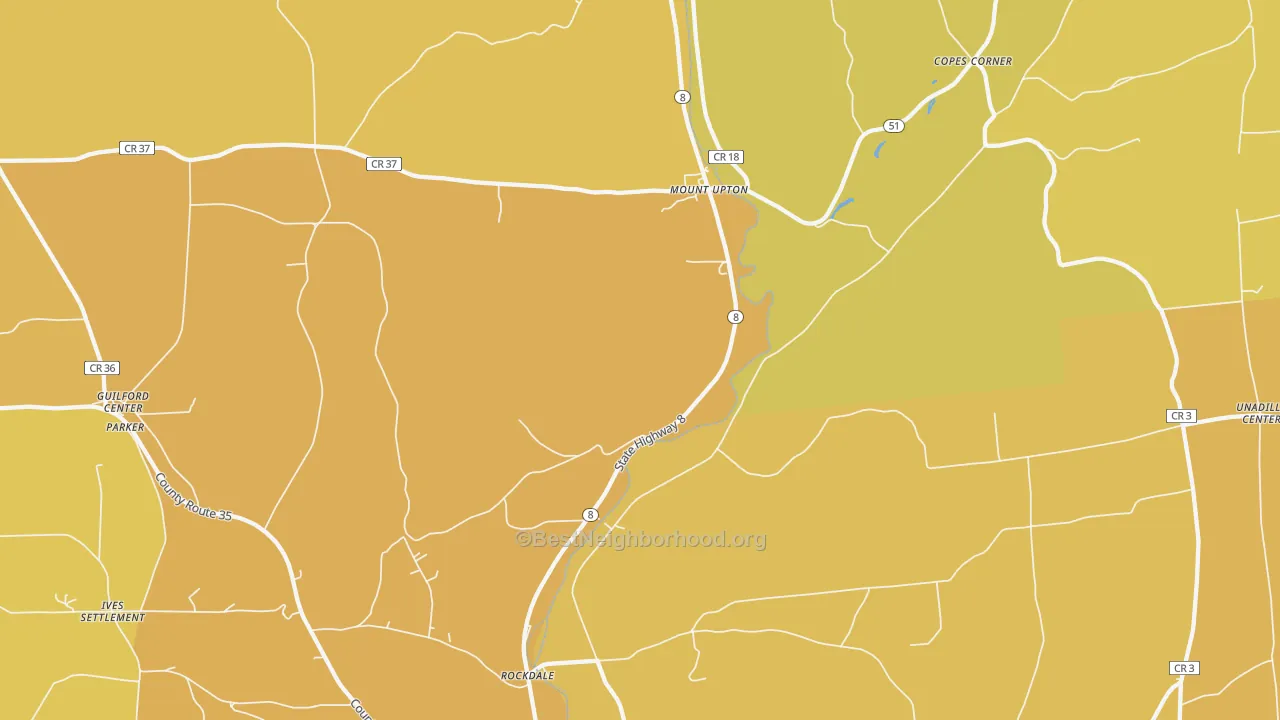 Map of the best neighborhoods in the Mount Upton area, with better matches in green and worse matches in red