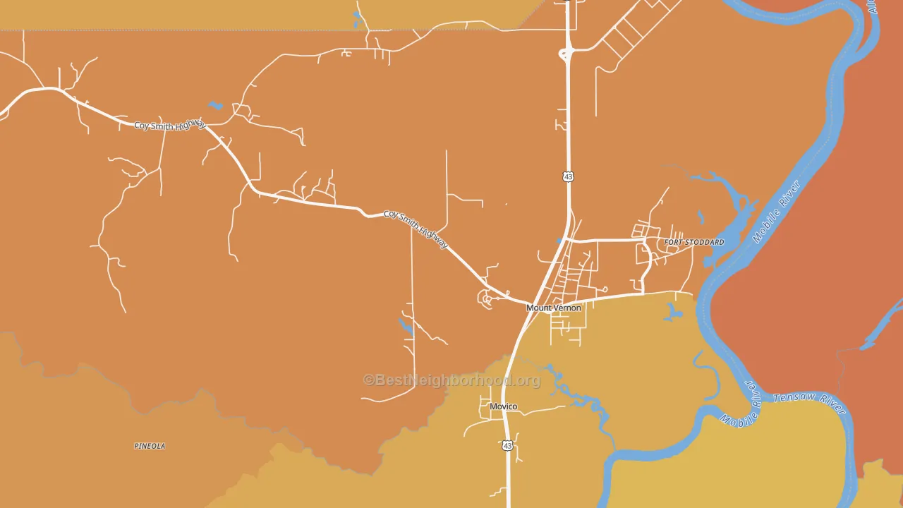 Map of the best neighborhoods in the Mount Vernon area, with better matches in green and worse matches in red