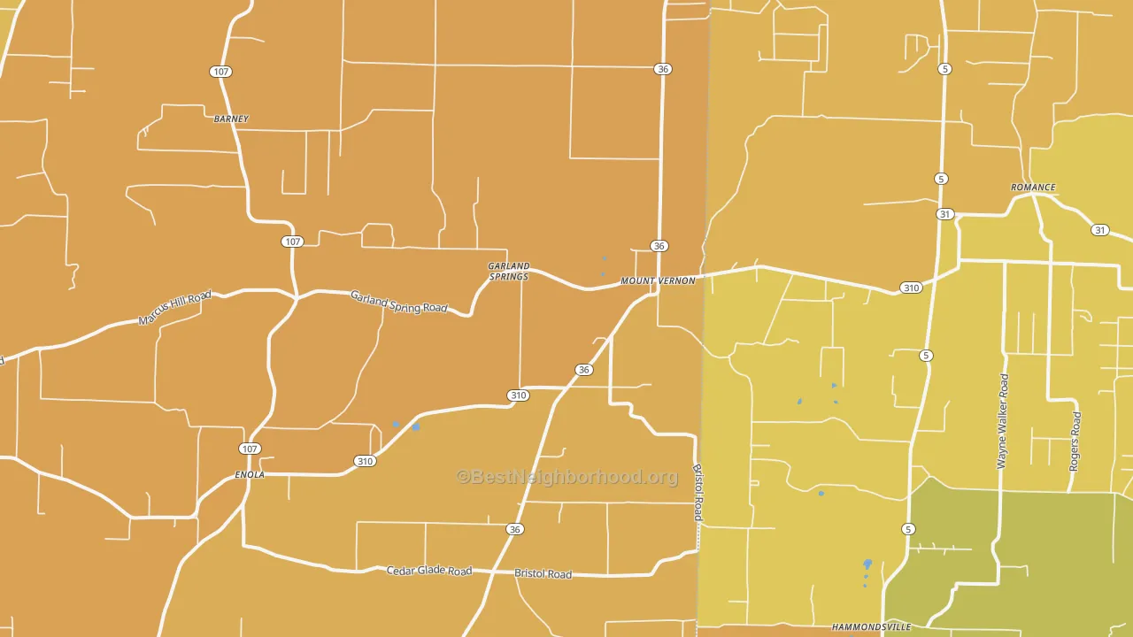 Map of the best neighborhoods in the Mount Vernon area, with better matches in green and worse matches in red