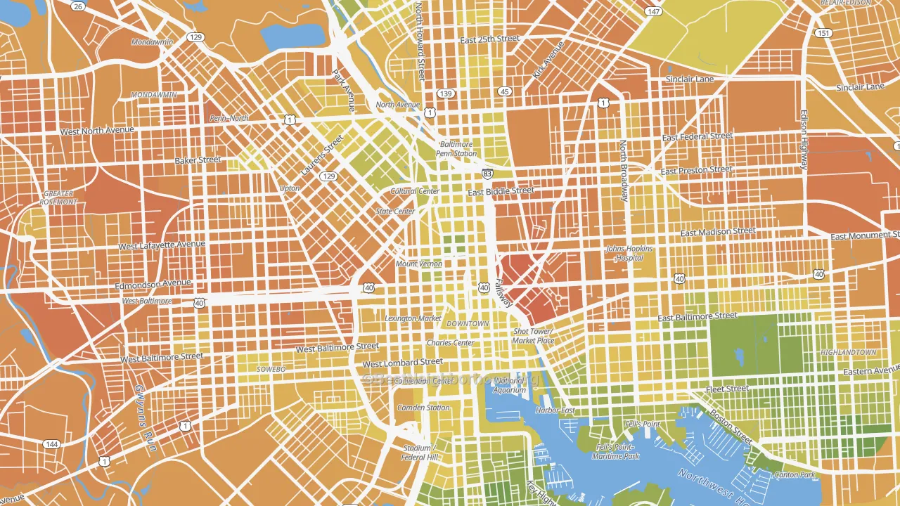 Map of the best neighborhoods in the Mount Vernon, Baltimore area, with better matches in green and worse matches in red