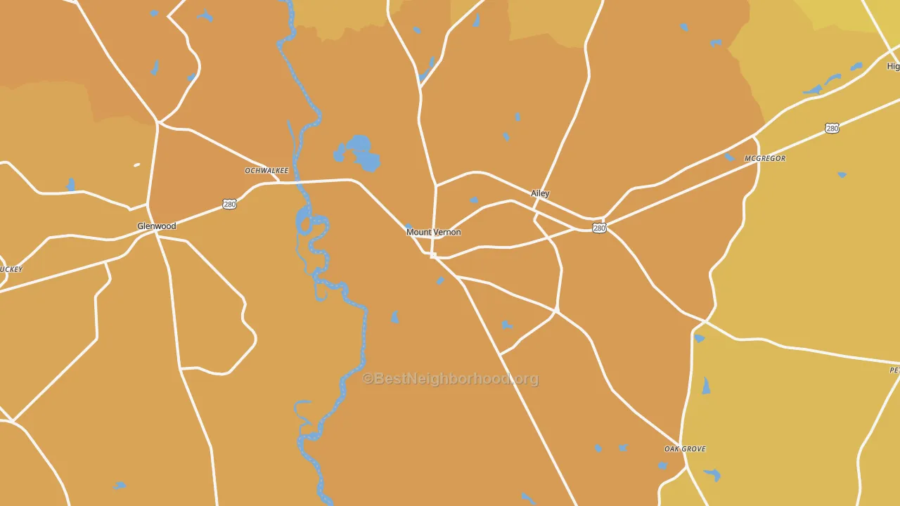 Map of the best neighborhoods in the Mount Vernon area, with better matches in green and worse matches in red