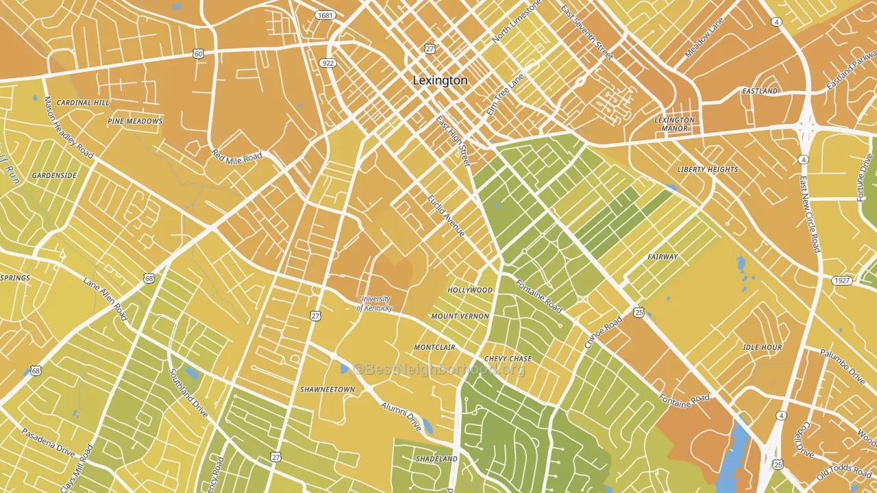 Map of the best neighborhoods in the Mount Vernon-Hollywood-Montclair, Lexington area, with better matches in green and worse matches in red