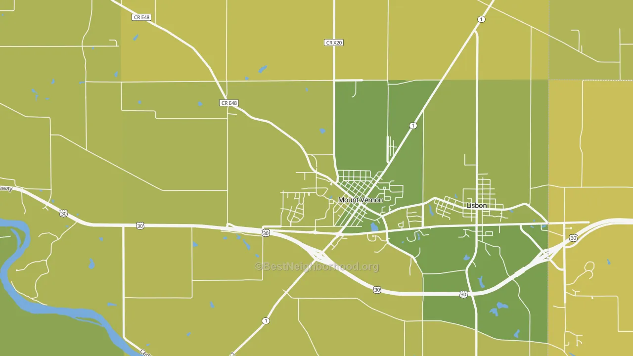 Map of the best neighborhoods in the Mount Vernon area, with better matches in green and worse matches in red