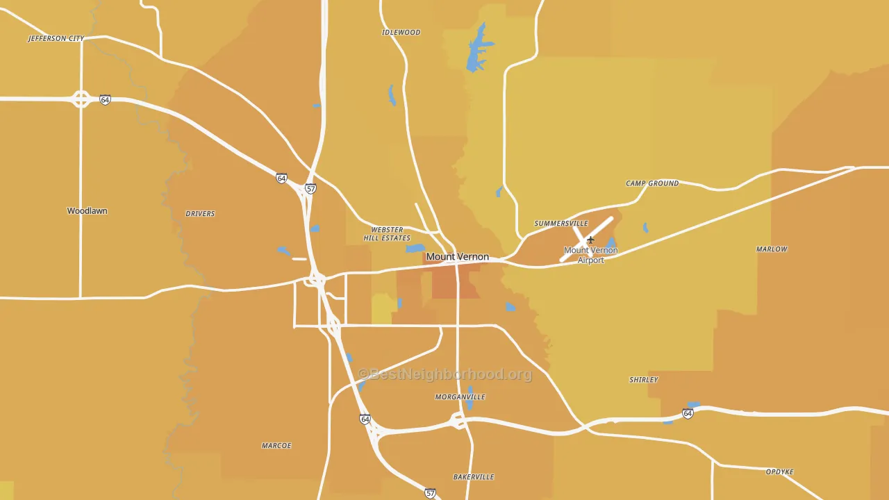 Map of the best neighborhoods in the Mount Vernon area, with better matches in green and worse matches in red
