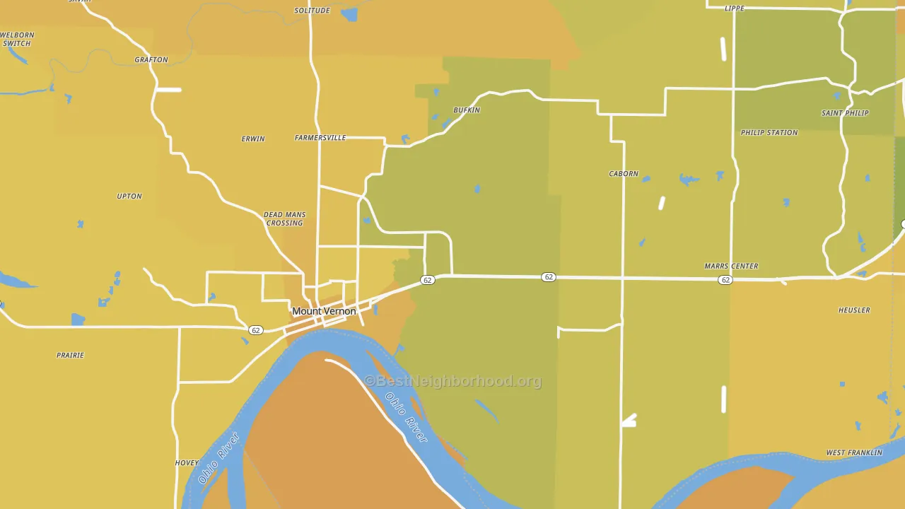 Map of the best neighborhoods in the Mount Vernon area, with better matches in green and worse matches in red