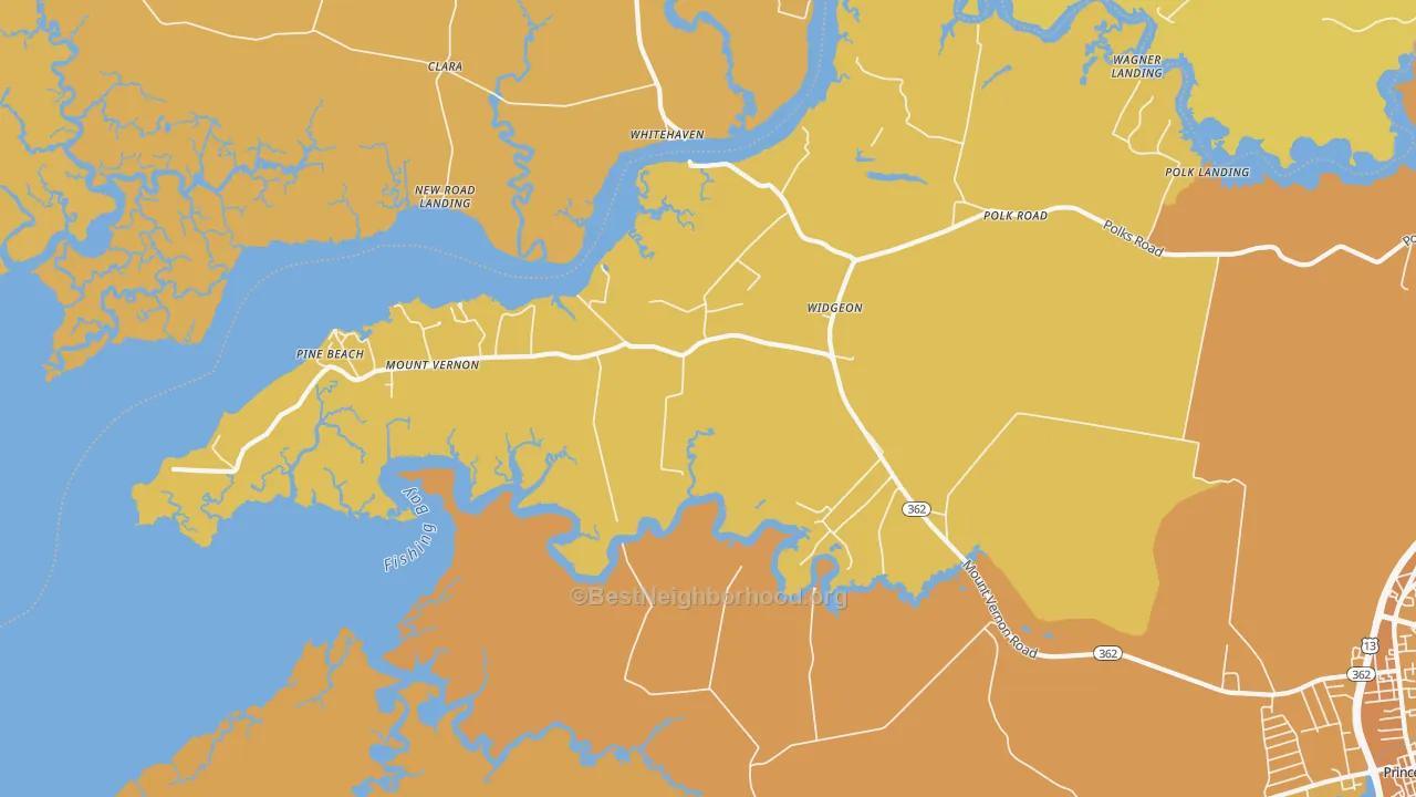 Map of the best neighborhoods in the Mount Vernon area, with better matches in green and worse matches in red