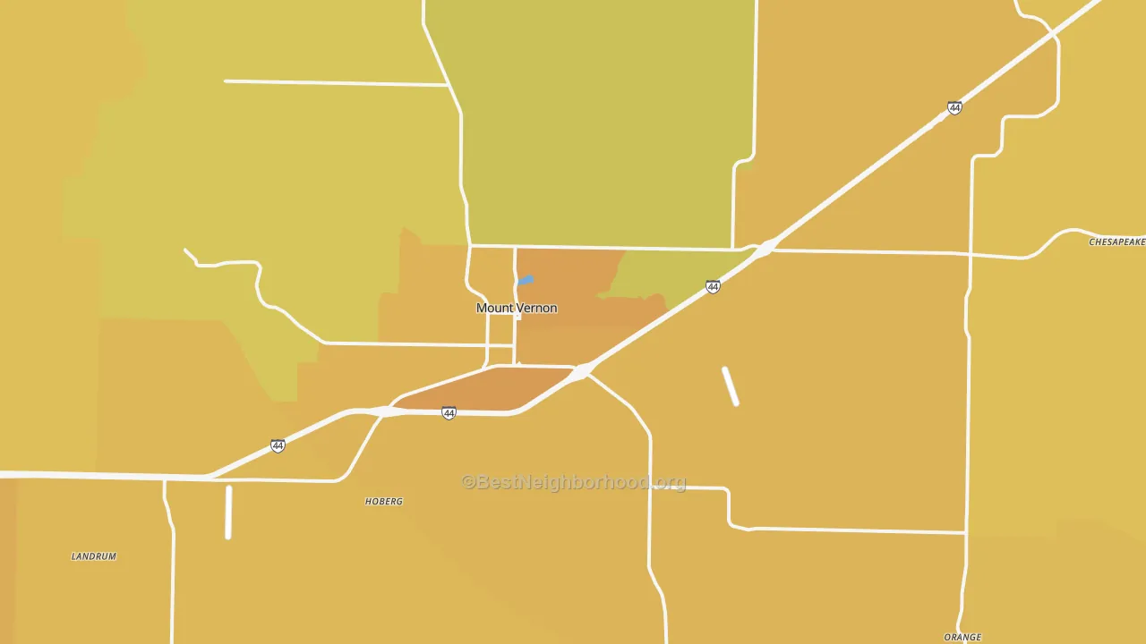 Map of the best neighborhoods in the Mount Vernon area, with better matches in green and worse matches in red