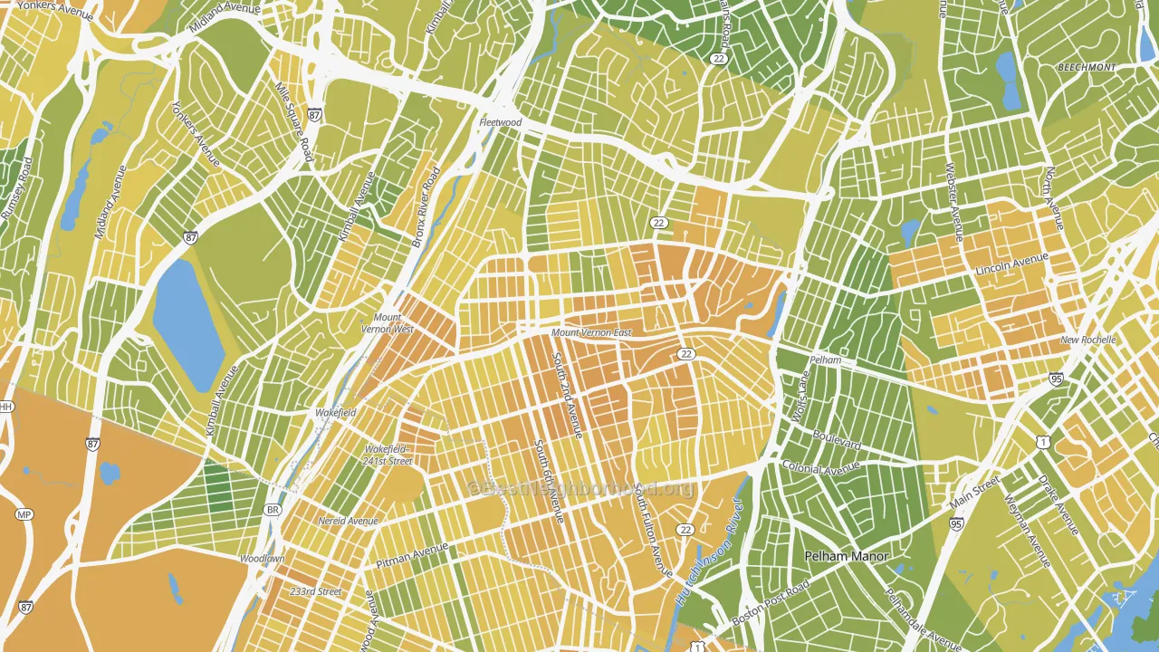 Map of the best neighborhoods in the Mount Vernon area, with better matches in green and worse matches in red