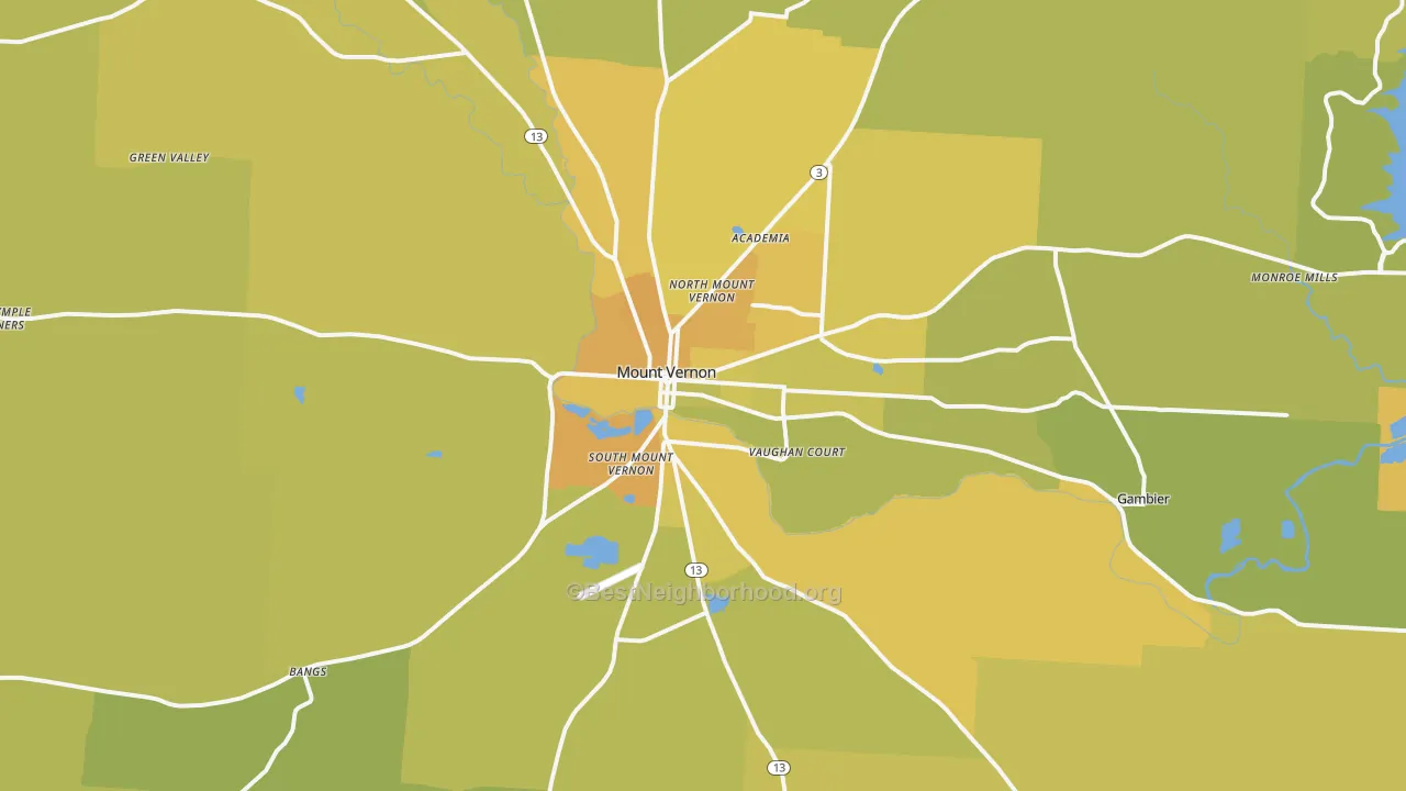 Map of the best neighborhoods in the Mount Vernon area, with better matches in green and worse matches in red