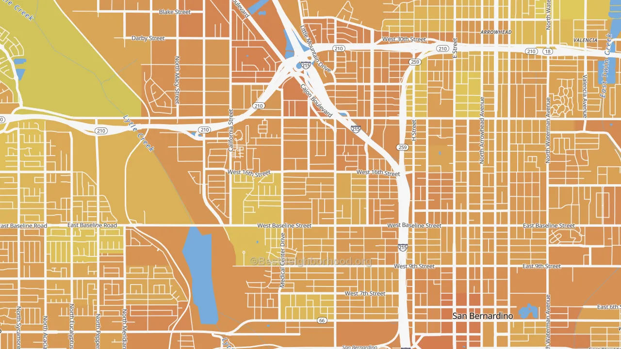 Map of the best neighborhoods in the Mount Vernon, San Bernardino area, with better matches in green and worse matches in red