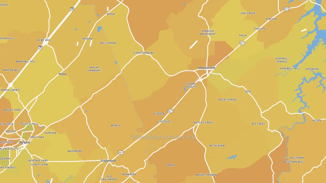 Map of the best neighborhoods in the Mount Vernon area, with better matches in green and worse matches in red